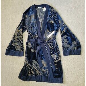 Willow & Clay Robe Kimono Top L/XL Blue Gold Floral Metallic Sheer Belt Velvet